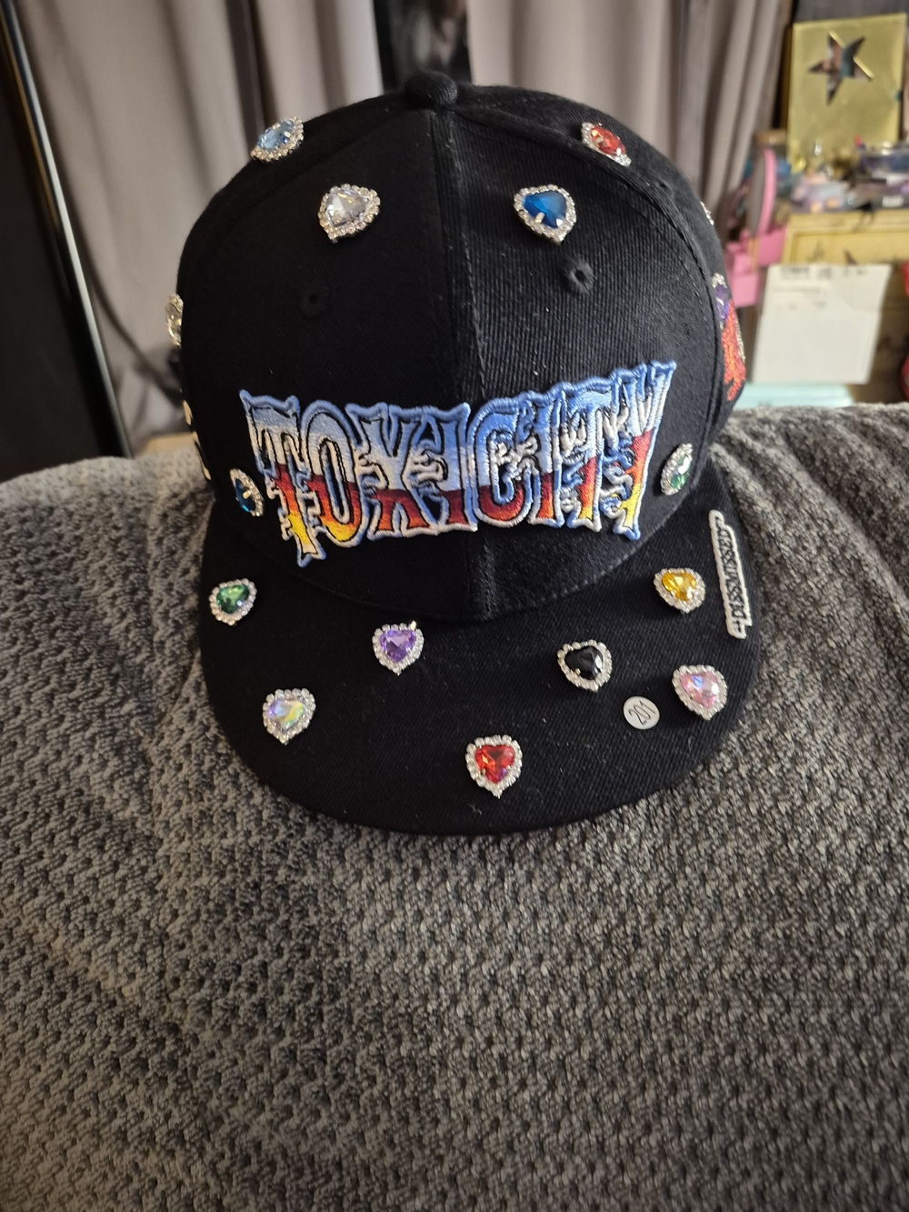 TOXICITY Graphic Snapback Hat Men's Flame Heart Gem Adjustable Black One Size